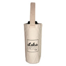 A single natural canvas wine tote with a sturdy loop handle and the phrase "aloha INSIDE" printed in black within a rectangular outline. The top of a wine bottle peeks out from the open top.