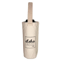 A single natural canvas wine tote with a sturdy loop handle and the phrase "aloha INSIDE" printed in black within a rectangular outline. The top of a wine bottle peeks out from the open top.