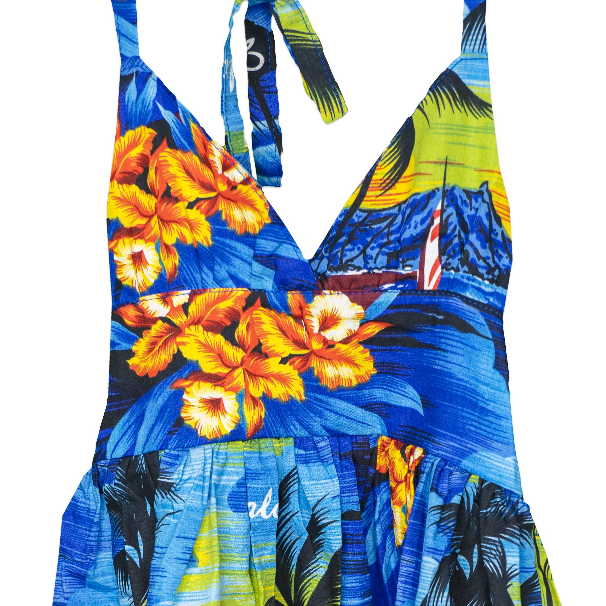 Blue Hawaiian Sunset Tie Strap Elastic Back Handmade Dress - Toddler