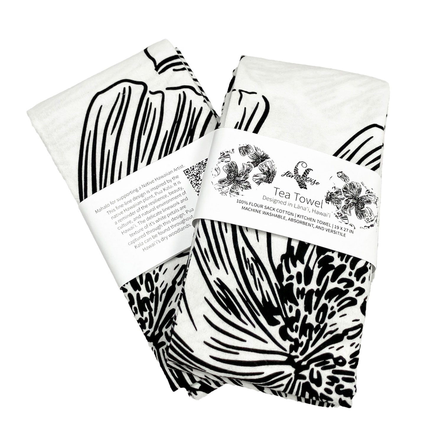 19" x 27" Cotton Flour Sack Tea Towel - Pua Kala Black & White