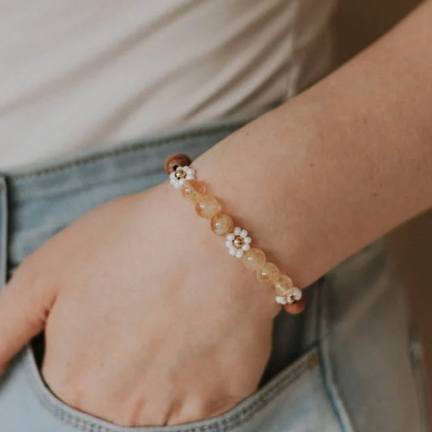Citrine + Glass Daisy & Rosewood 14k Gold Filled 7" Bracelet