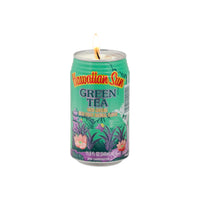 Upcycled Hawaiian Sun Green Tea can transformed into a unique candle. Eco-friendly soy wax with a subtle flame, wrapped in tropical floral graphics. A playful, nostalgic nod to island culture and sustainable living.