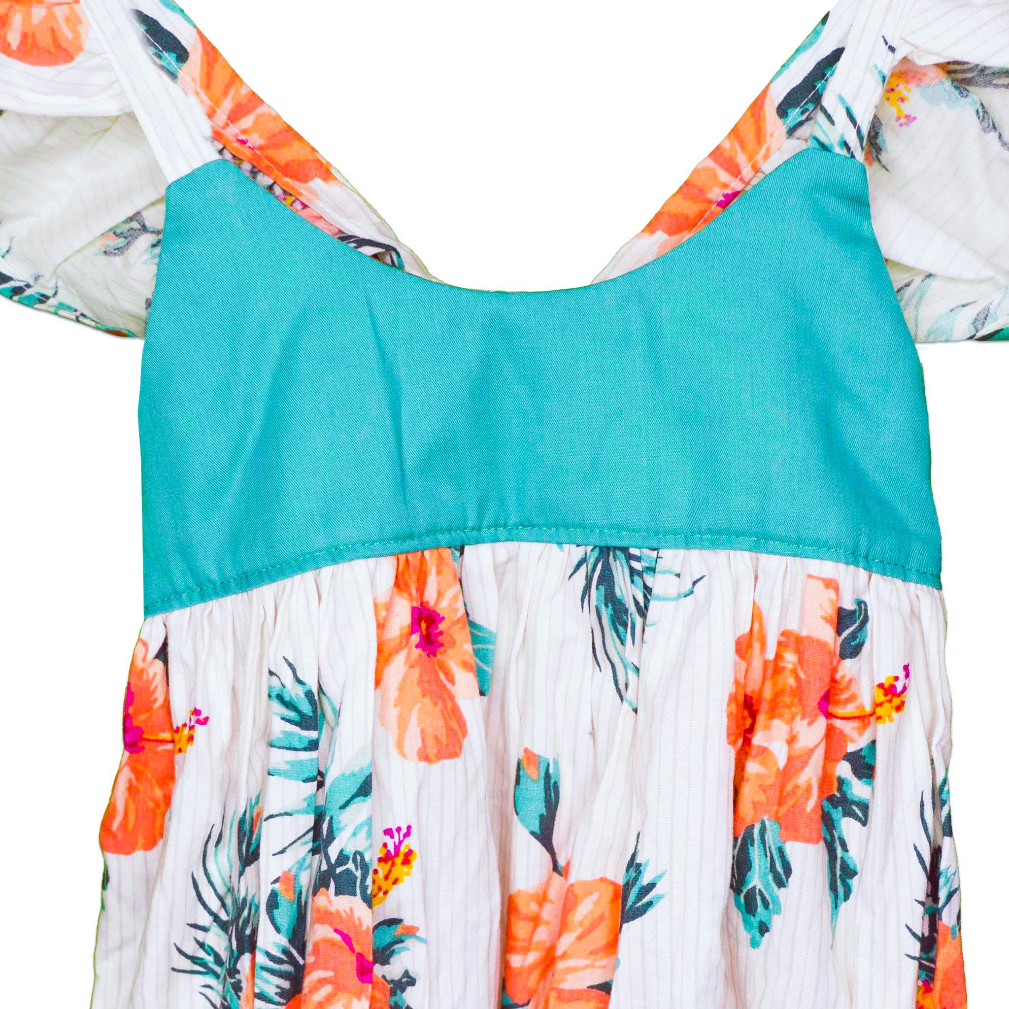 White & Teal Elastic Waist Back Flutter Sleeve Handmade Dress - Toddler