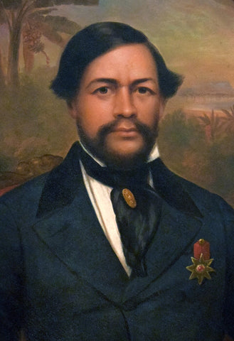 Portrait painting of King Kamehameha III of Hawaiʻi, wearing formal Western attire with a black cravat, a white shirt, and a dark coat adorned with a gold star-shaped medal. The background features a lush tropical landscape with banana trees and a thatched structure, reflecting 19th-century Hawaiʻi.