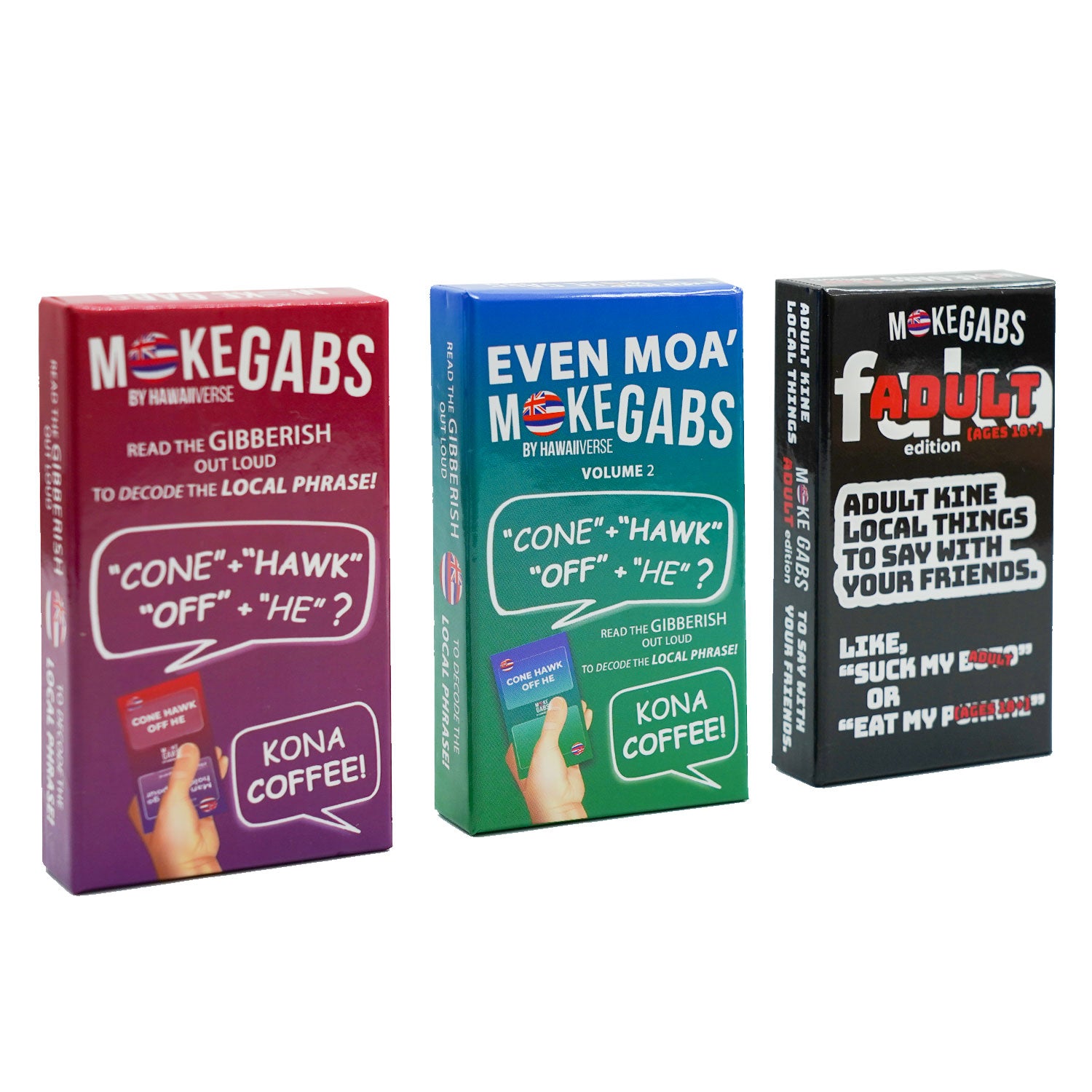 “Moke Gabs card game set by Hawaiiverse – Original, Even Moa’ Volume 2, and Adult Edition. Fun local Hawaiian party game where players read gibberish out loud to reveal island phrases. Perfect for family game night, gatherings, or as a Hawaii gift.”