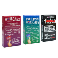 “Moke Gabs card game set by Hawaiiverse – Original, Even Moa’ Volume 2, and Adult Edition. Fun local Hawaiian party game where players read gibberish out loud to reveal island phrases. Perfect for family game night, gatherings, or as a Hawaii gift.”