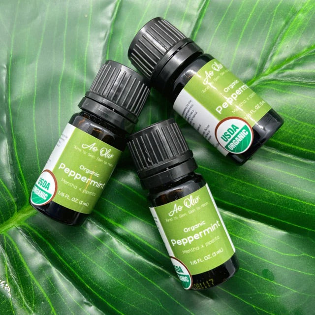 Three peppermint essential oil bottles with green labels against a variegated-leaf background.