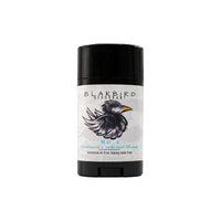 Blakbird Deodorant No. 3 in sandalwood and vanilla bean scent, featuring a black bird illustration on a white label with a black cap. Label notes it is essential oil free and baking soda free.