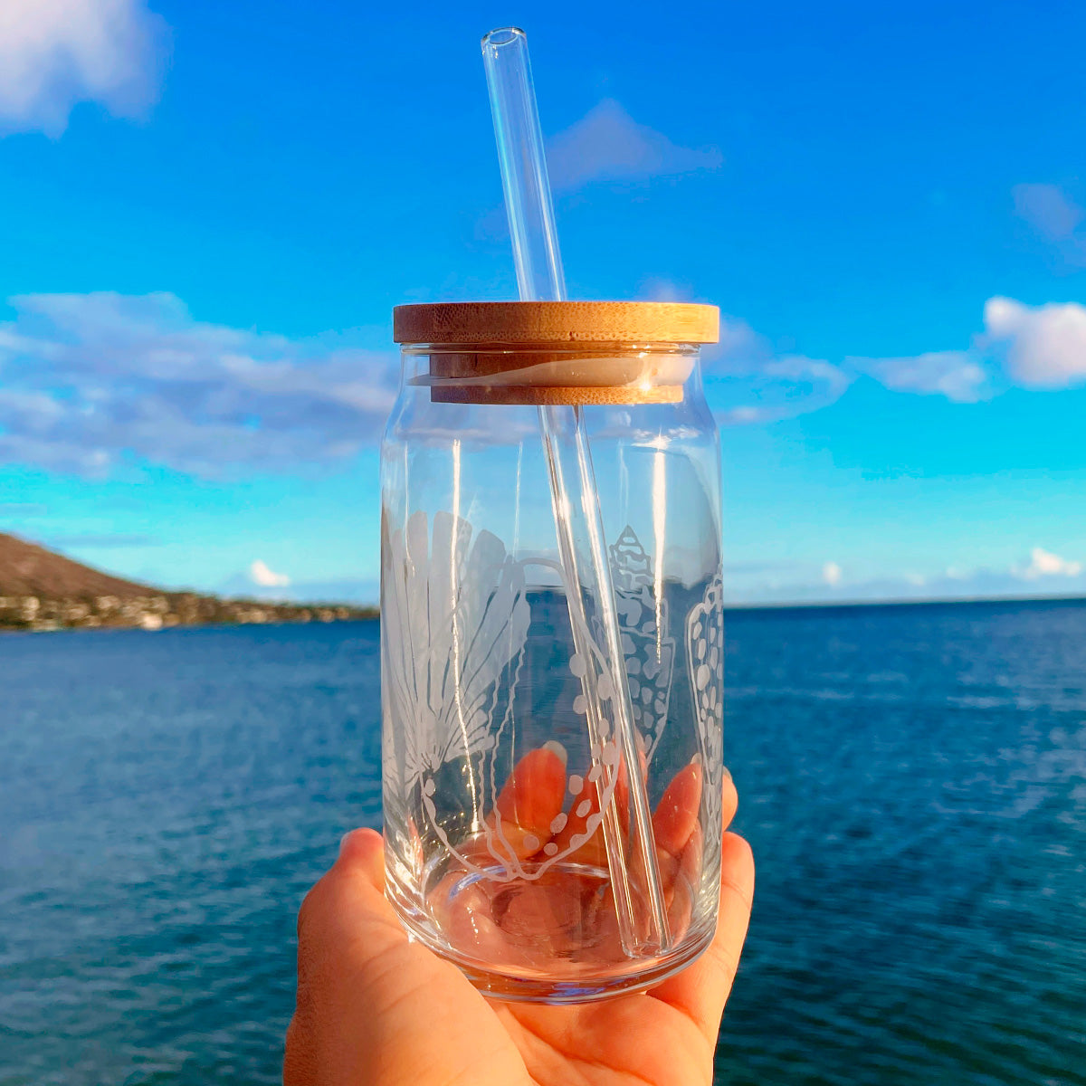 Hand Etched 16 oz Glass Tumbler with Lid & Straw - Seashell