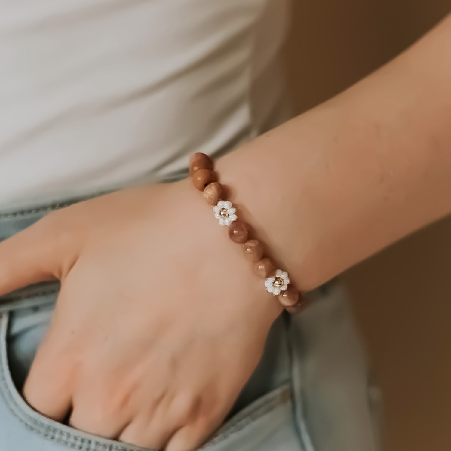 Sunstone + Glass Daisy & Rosewood 14k Gold Filled 7" Bracelet