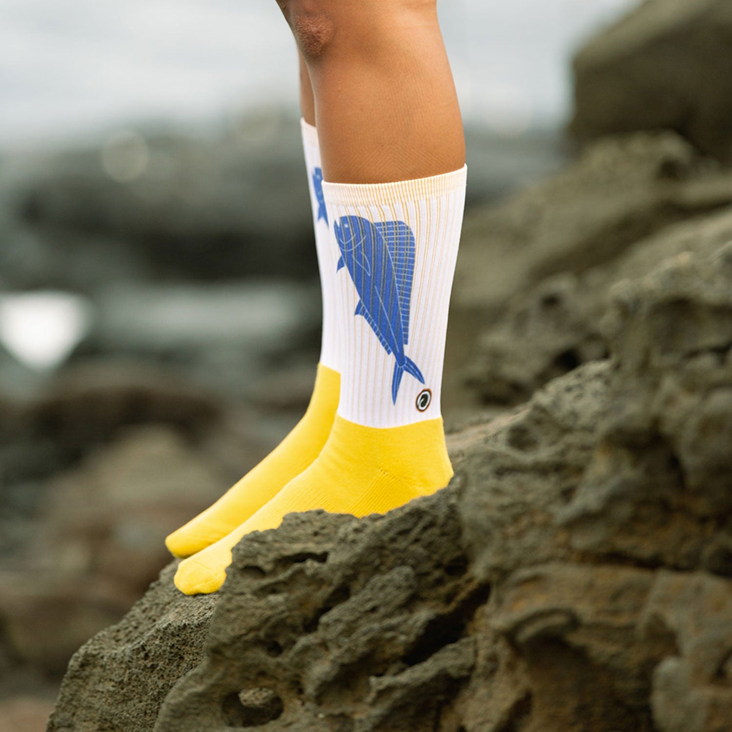 Blue & Yellow Mahi Mahi Handprinted Cotton Athletic Crew Socks