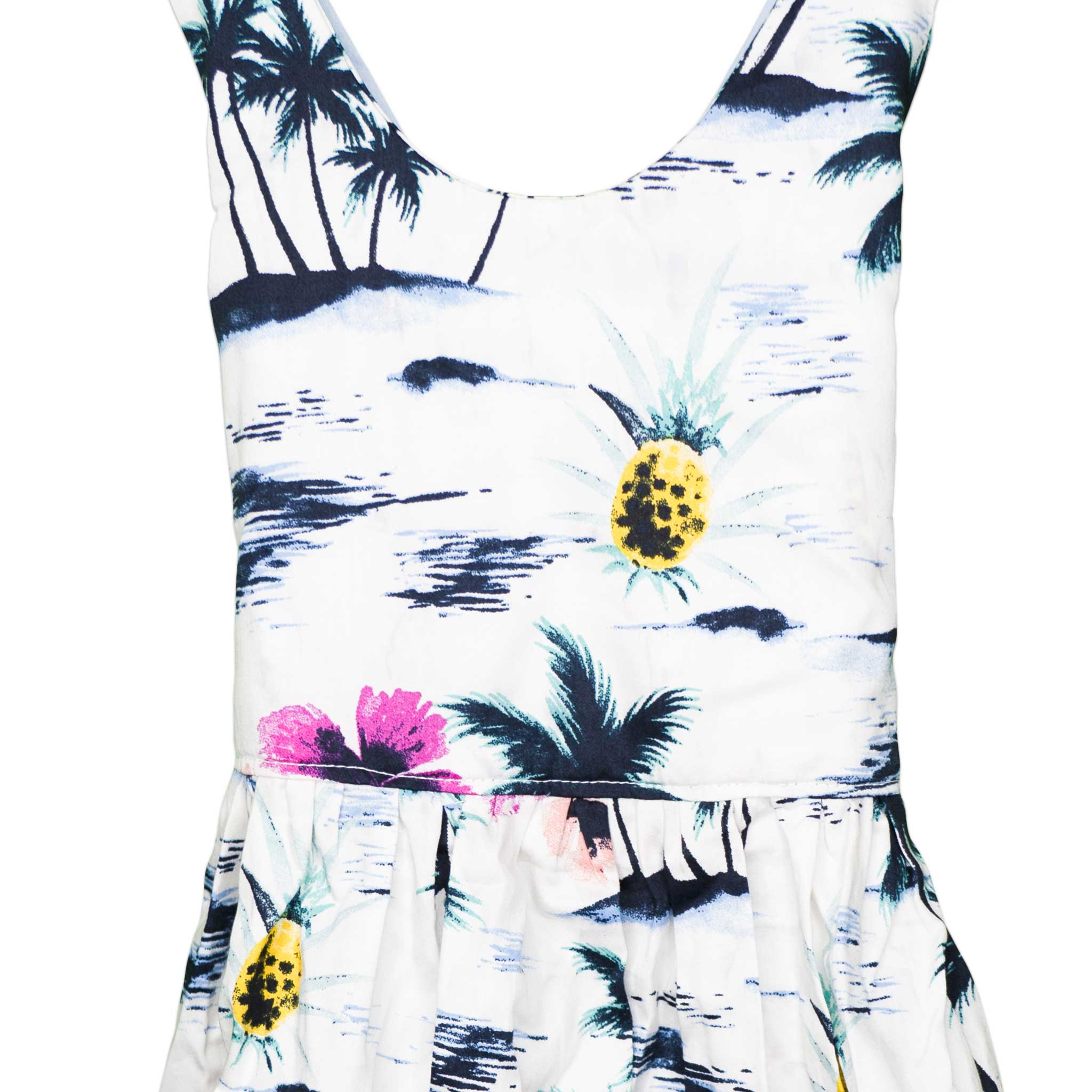 White Hawaiian Print Tie Strap Elastic Back Handmade Dress - Toddler