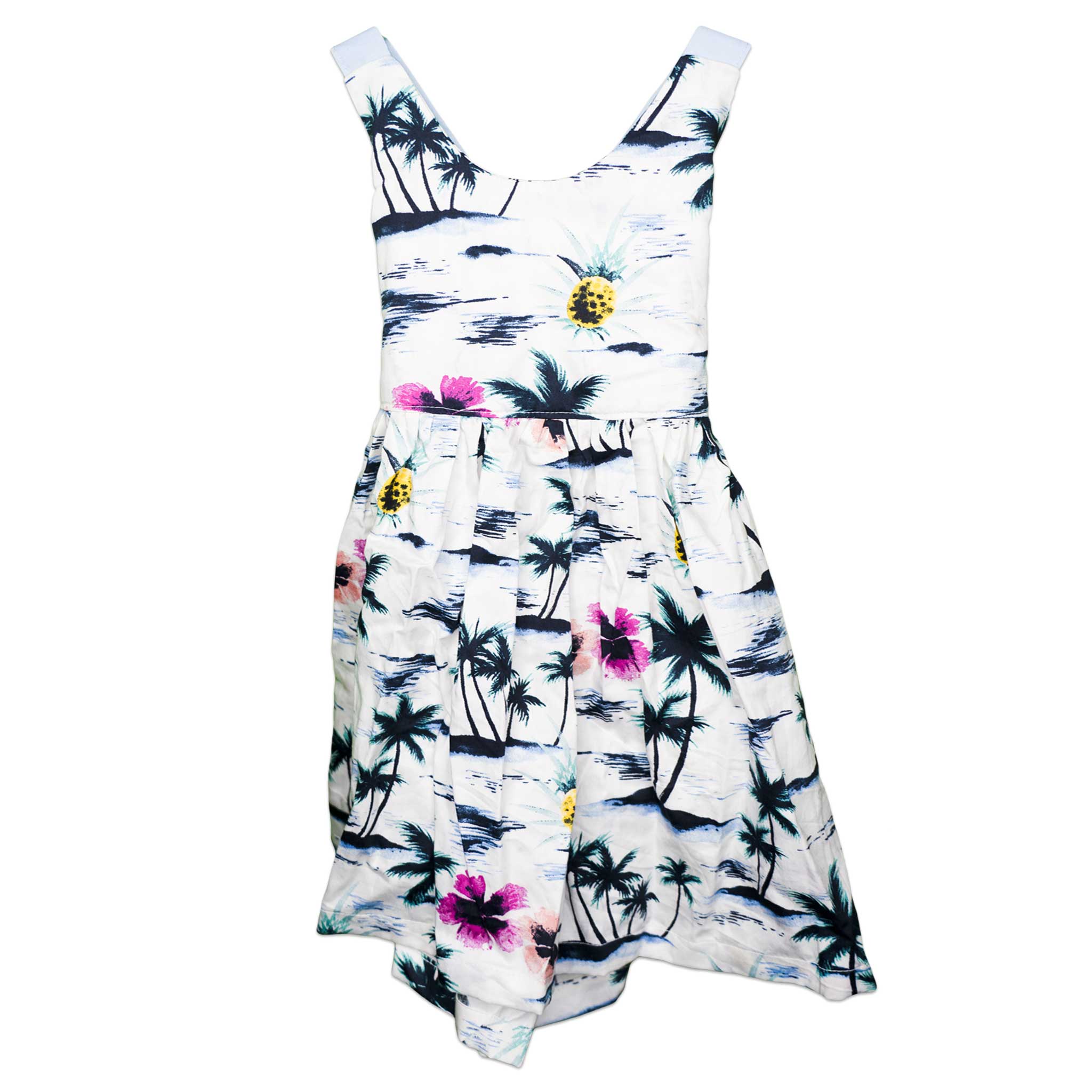 White Hawaiian Print Tie Strap Elastic Back Handmade Dress - Toddler