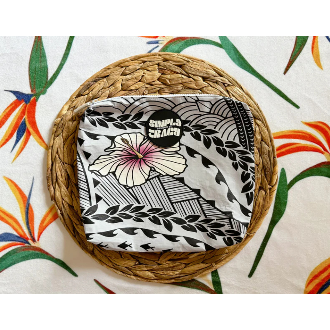 Splash Proof Pouch - Light Gray Hibiscus Tribal